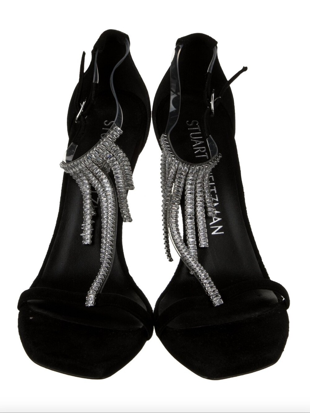 Stuart Weitzman Black Crystal Fringe T-Strap High Heel Sandals